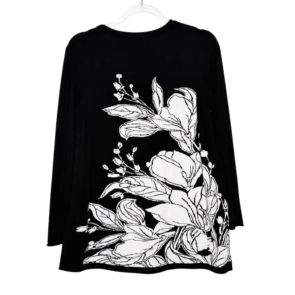 CHICO’S Lightweight Floral Sweater Pullover Knit Tunic Black White Womens Size L - Picture 5 of 9